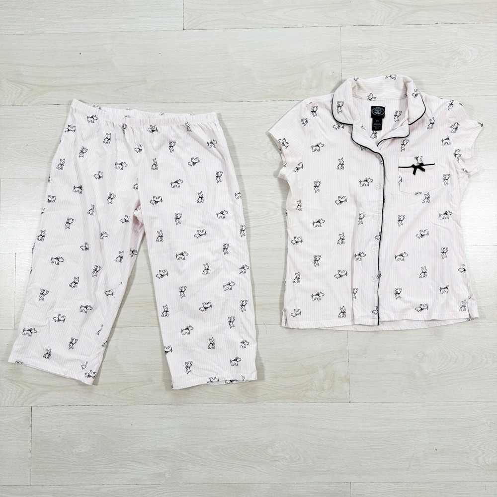 Laura Ashley Pajama Set Womens‎ Medium Pink Scottie Dog Print Cropped 2 Piece